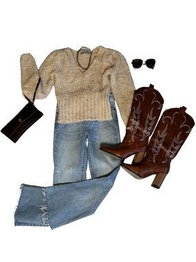 V-Neck Textured Knit Sweater in Beige